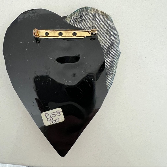1980s Brooch Denim Heart Beading Jewels Hand-Crafted Pin - Picture 4 of 8